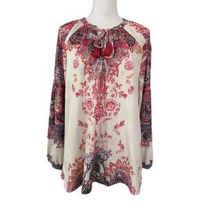 Farmers Market Paisley Lace Trim Balloon‎ Sleeve Peasant Blouse Size L Pink Boho